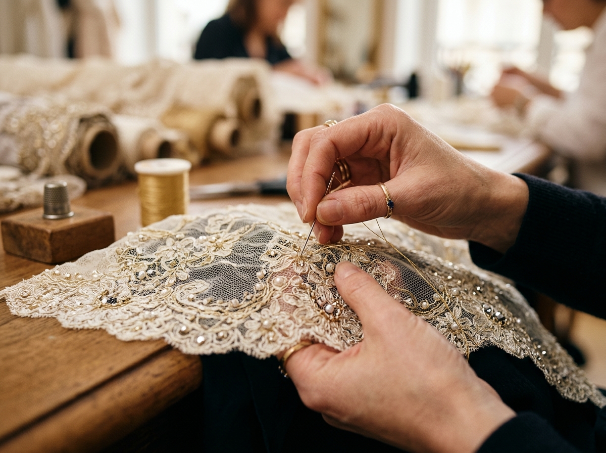 Bordado de pedrería y encaje a mano en el taller de Diana Ponce